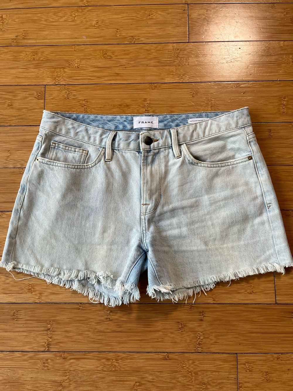 Frame Denim Le Grand Garçon Light Wash Denim Frayed Hem Shorts - Size Down!